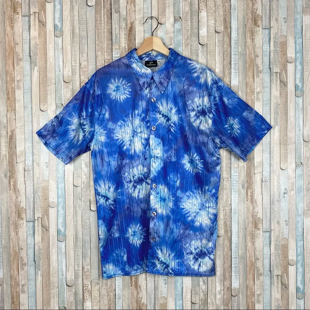 Positano XL Vintage 90s Tie Dye Sheer Iridescent Button Down Club Shirt Funky - Picture 1 of 7